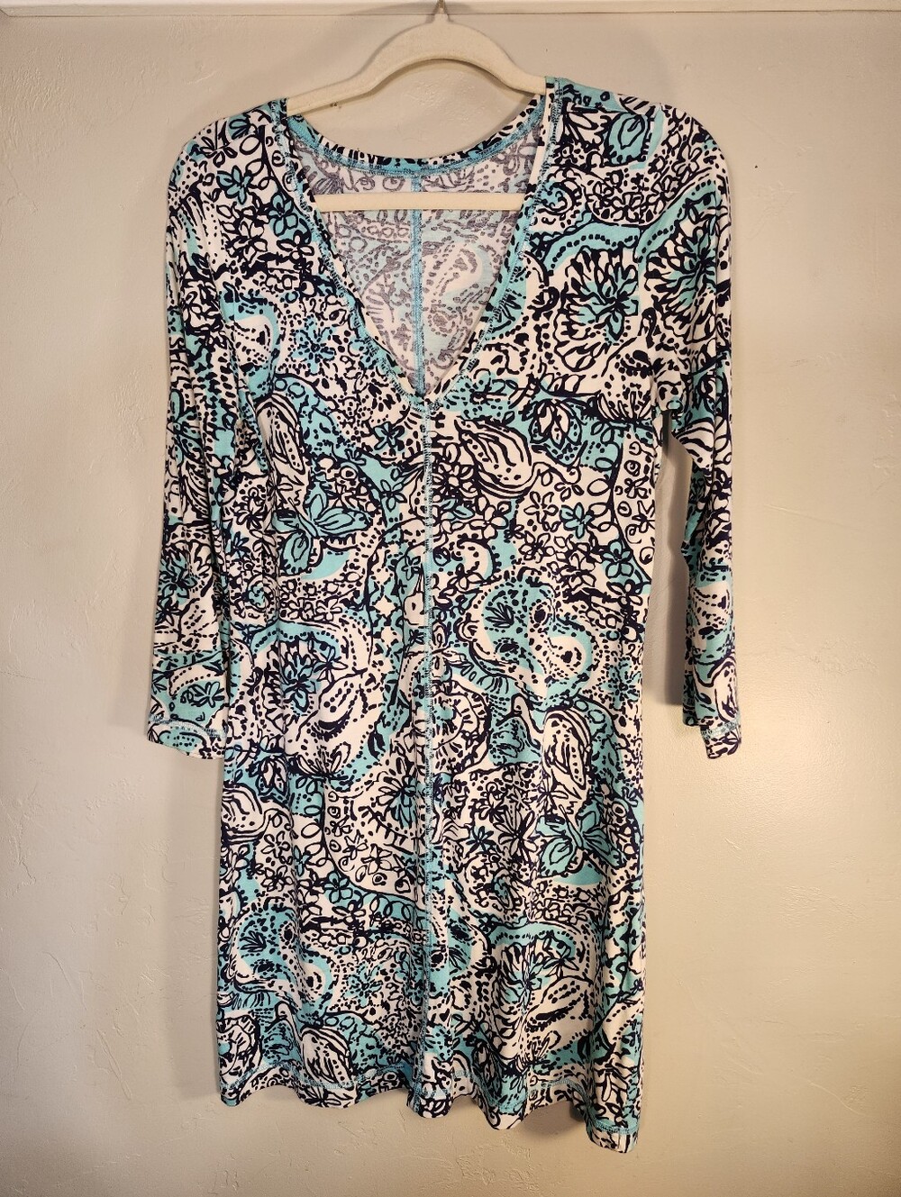 Lilly Pulitzer Aqua, Navy and White V-Neck Floral Tunic Dress